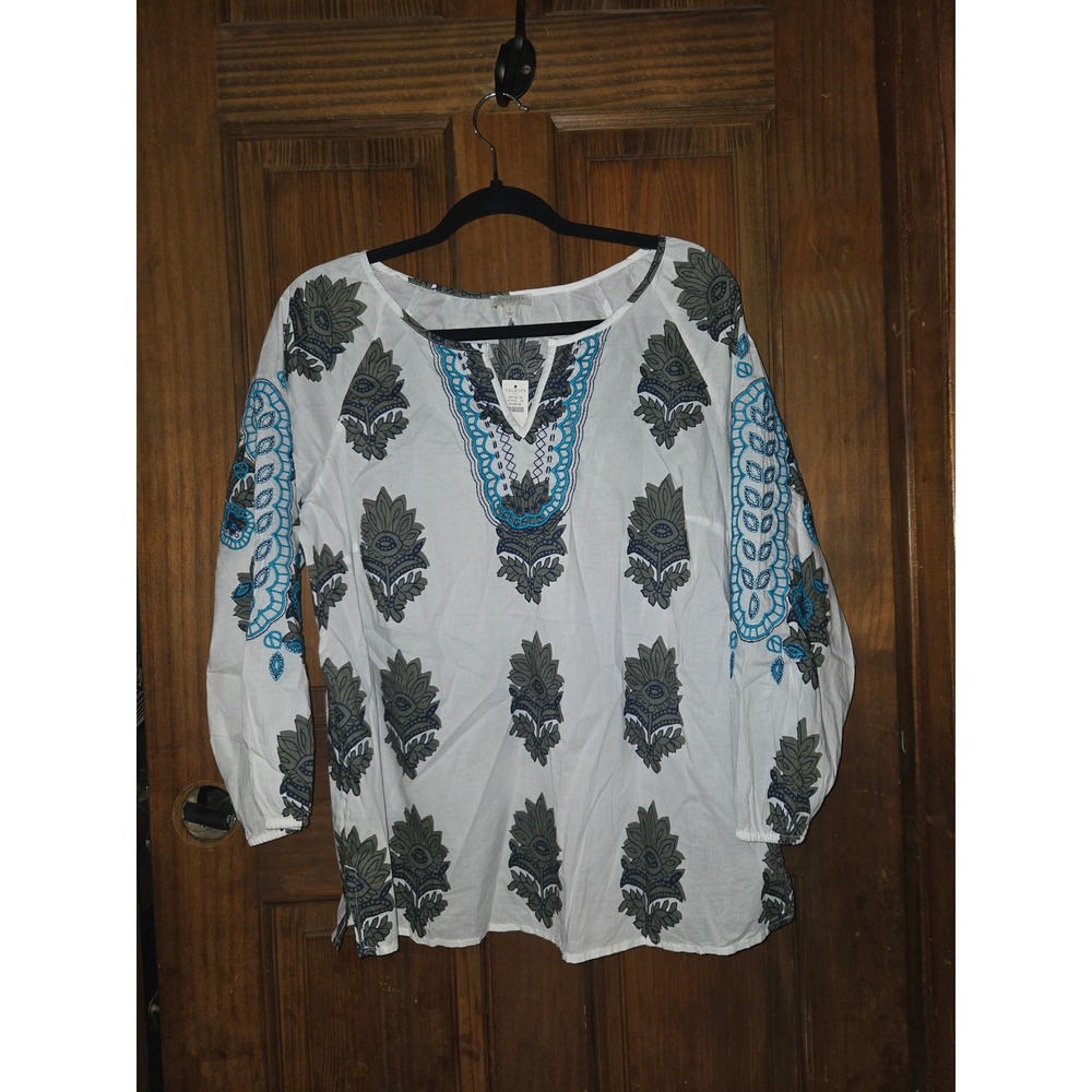 Talbots Womens White Blue Floral Block Print Cotton Peasant Blouse Top Large NWT - Picture 2 of 6